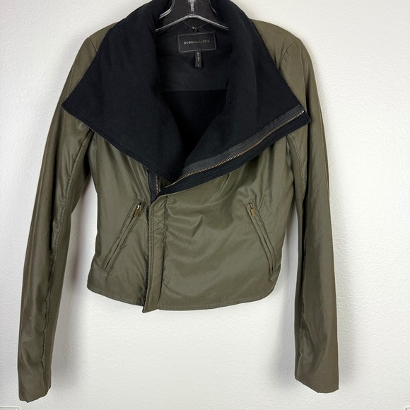 BCBGMaxAzria Jackets & Blazers - BCBGMAXAZRIA Emerson Asymmetrical Moto Jacket Olive Green Fleece Collar Small